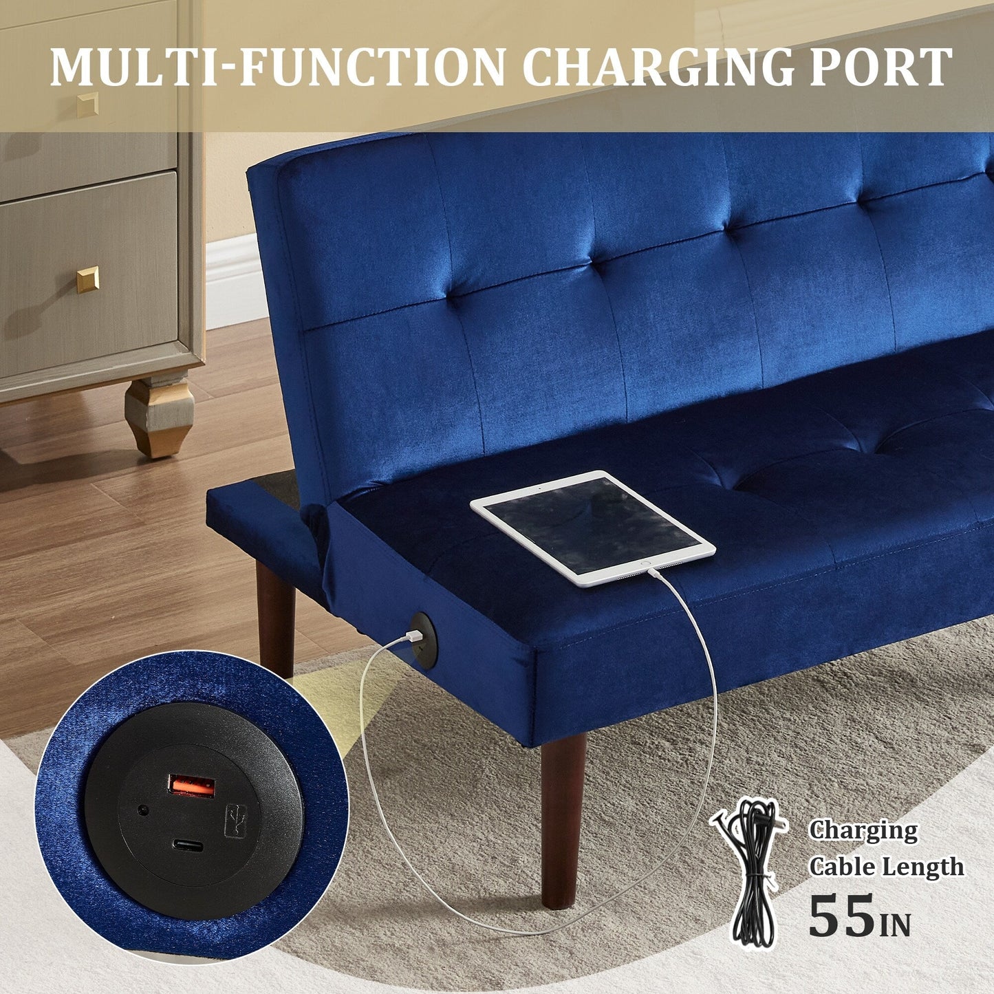 Canapé-lit pliable en flanelle Roomfitters, futon inclinable réglable avec port de charge pour salon, chambre ou bureau
