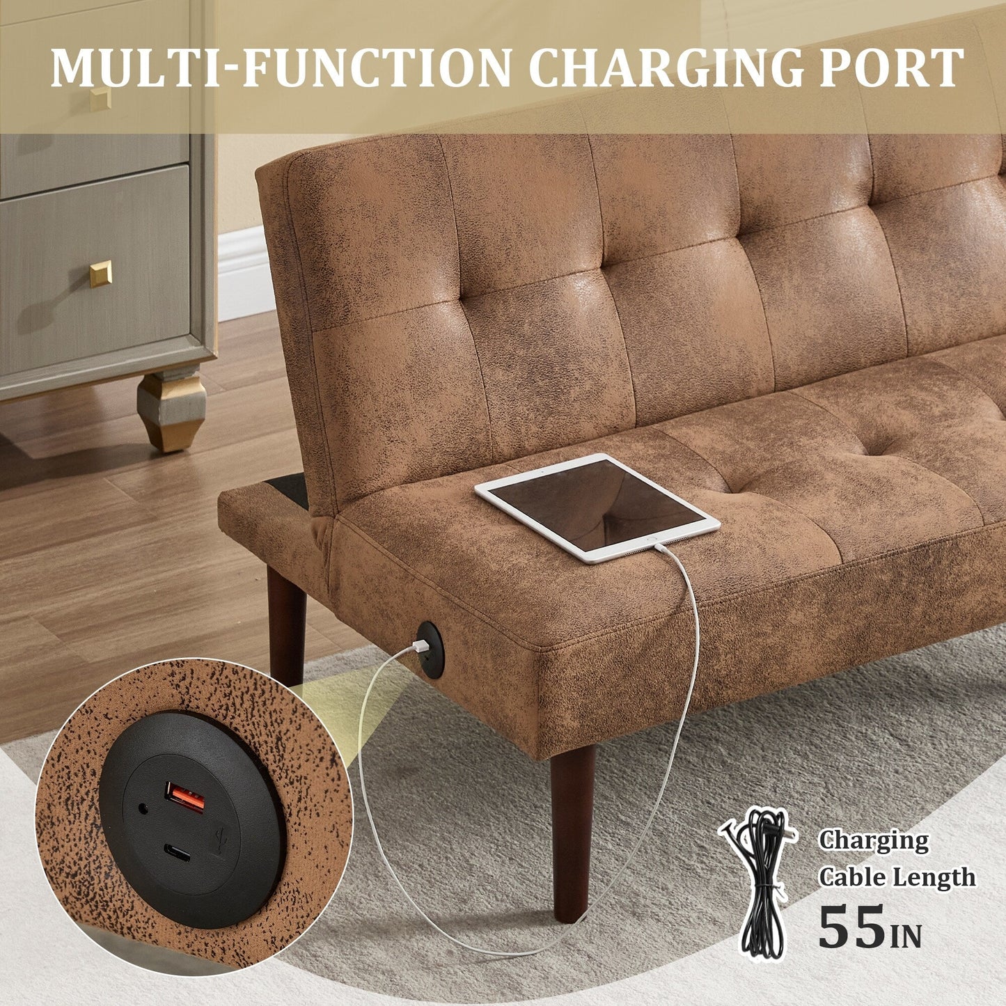 Canapé-lit pliable en flanelle Roomfitters, futon inclinable réglable avec port de charge pour salon, chambre ou bureau