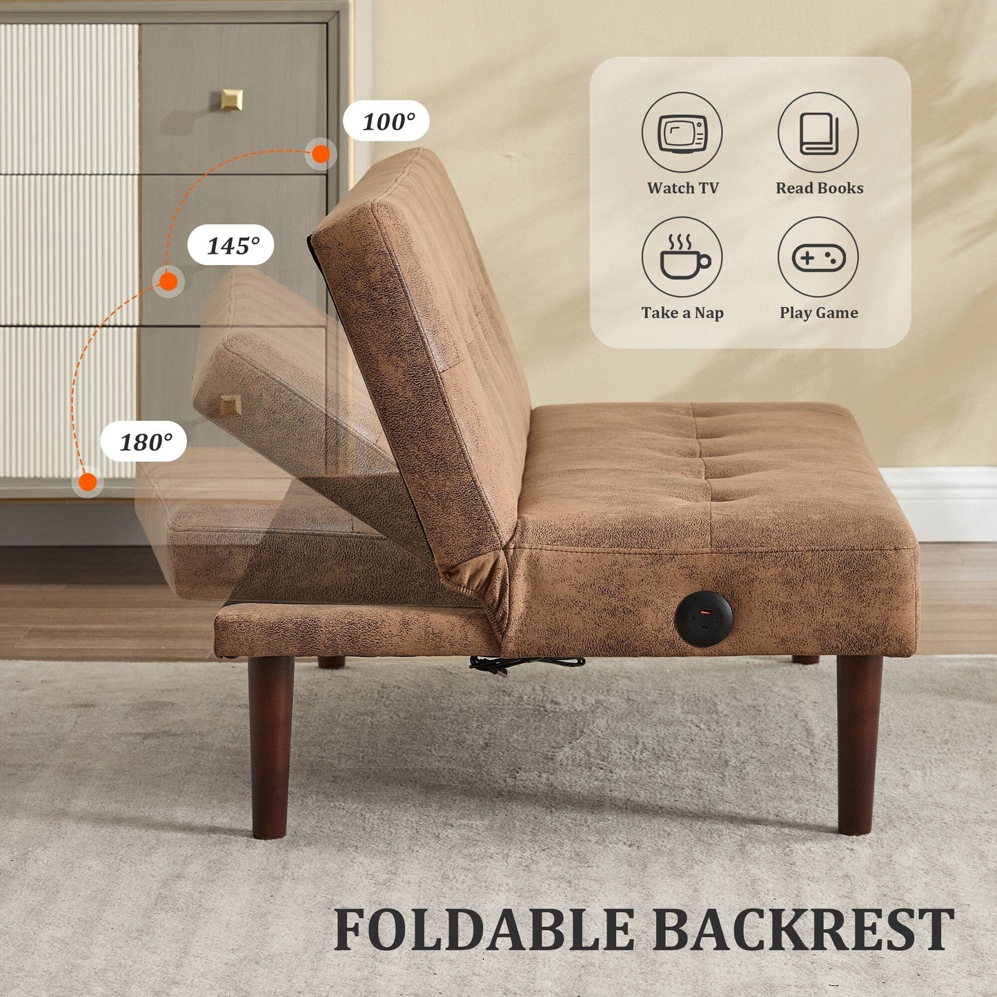Canapé-lit pliable en flanelle Roomfitters, futon inclinable réglable avec port de charge pour salon, chambre ou bureau