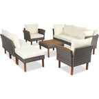 Ensemble de meubles de jardin en rotin Roomfitters 9 pièces, ensemble de conversation d'extérieur avec pieds et plateau en bois d'acacia