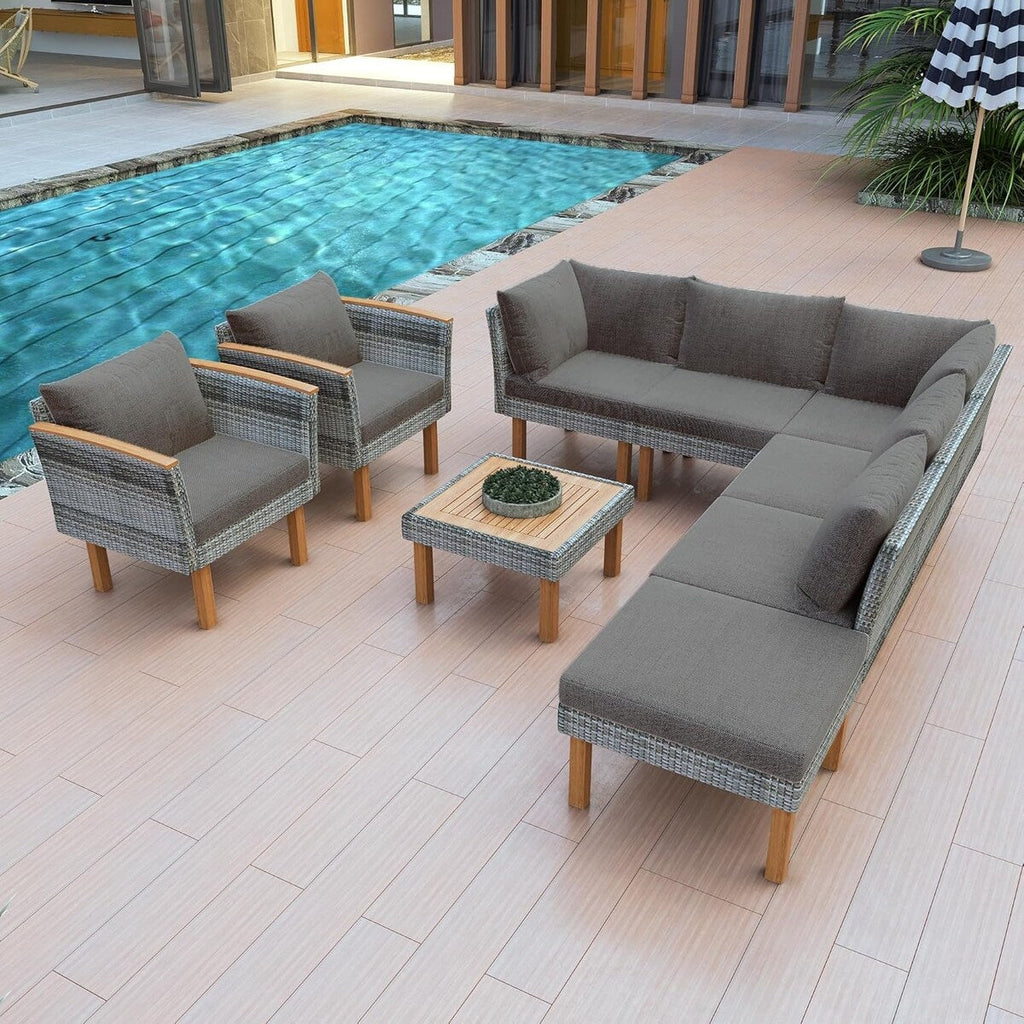 Ensemble de meubles de jardin en rotin Roomfitters 9 pièces, ensemble de conversation d'extérieur avec pieds et plateau en bois d'acacia