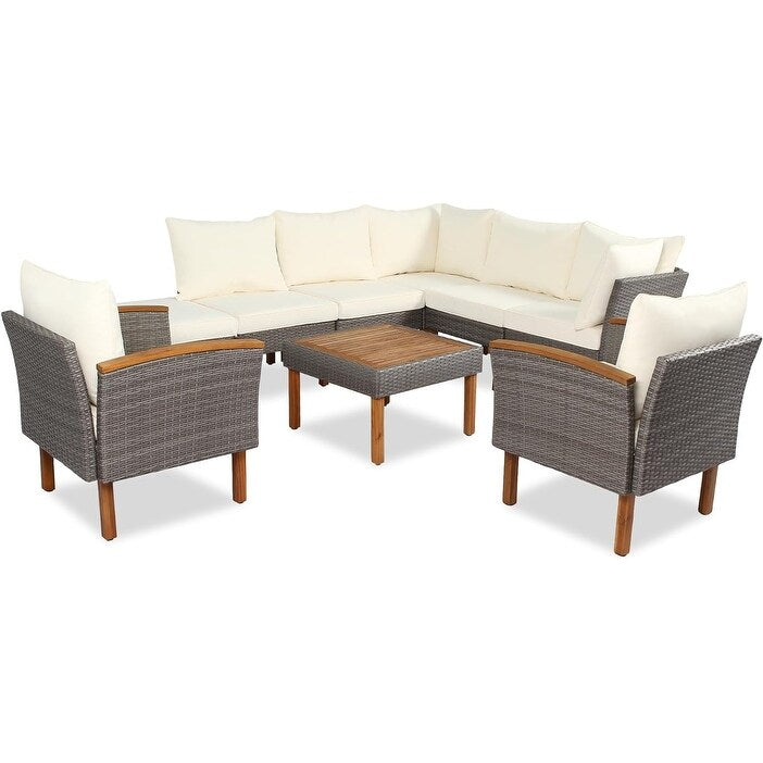 Ensemble de meubles de jardin en rotin Roomfitters 9 pièces, ensemble de conversation d'extérieur avec pieds et plateau en bois d'acacia