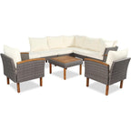 Ensemble de meubles de jardin en rotin Roomfitters 9 pièces, ensemble de conversation d'extérieur avec pieds et plateau en bois d'acacia