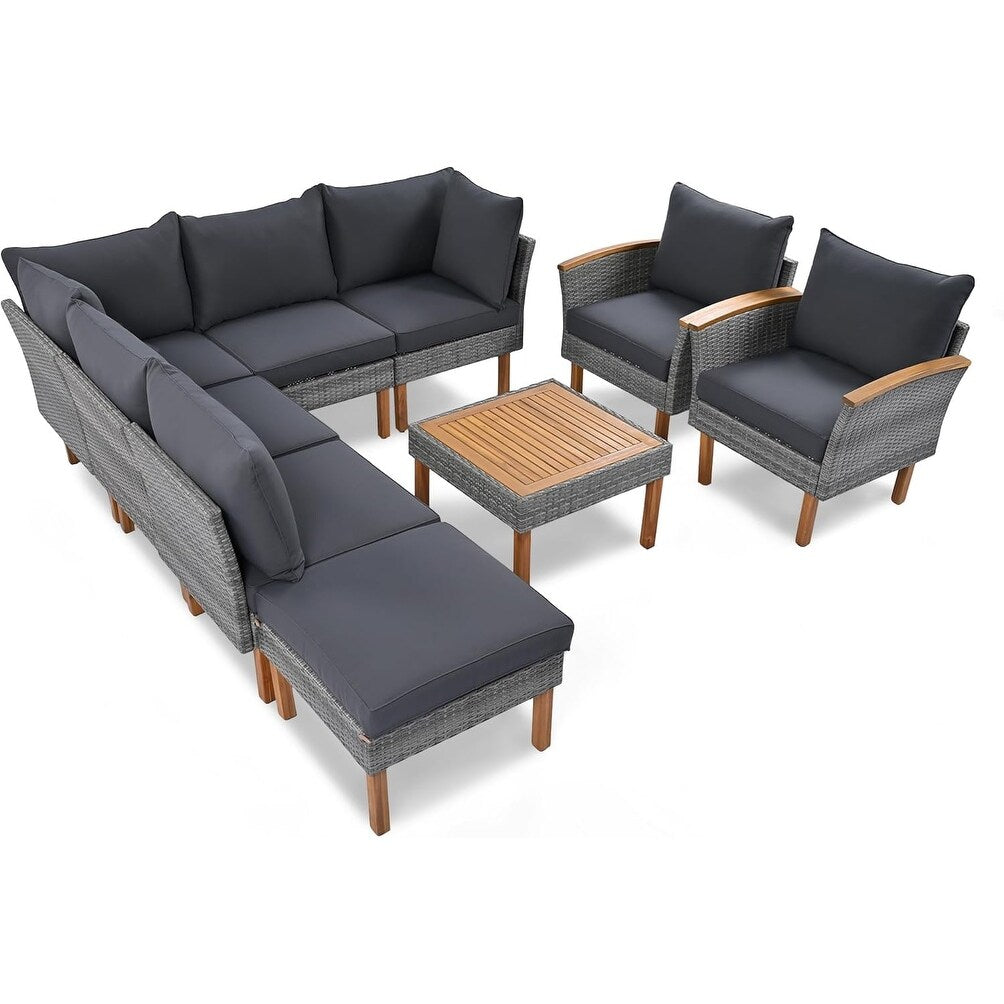 Ensemble de meubles de jardin en rotin Roomfitters 9 pièces, ensemble de conversation d'extérieur avec pieds et plateau en bois d'acacia