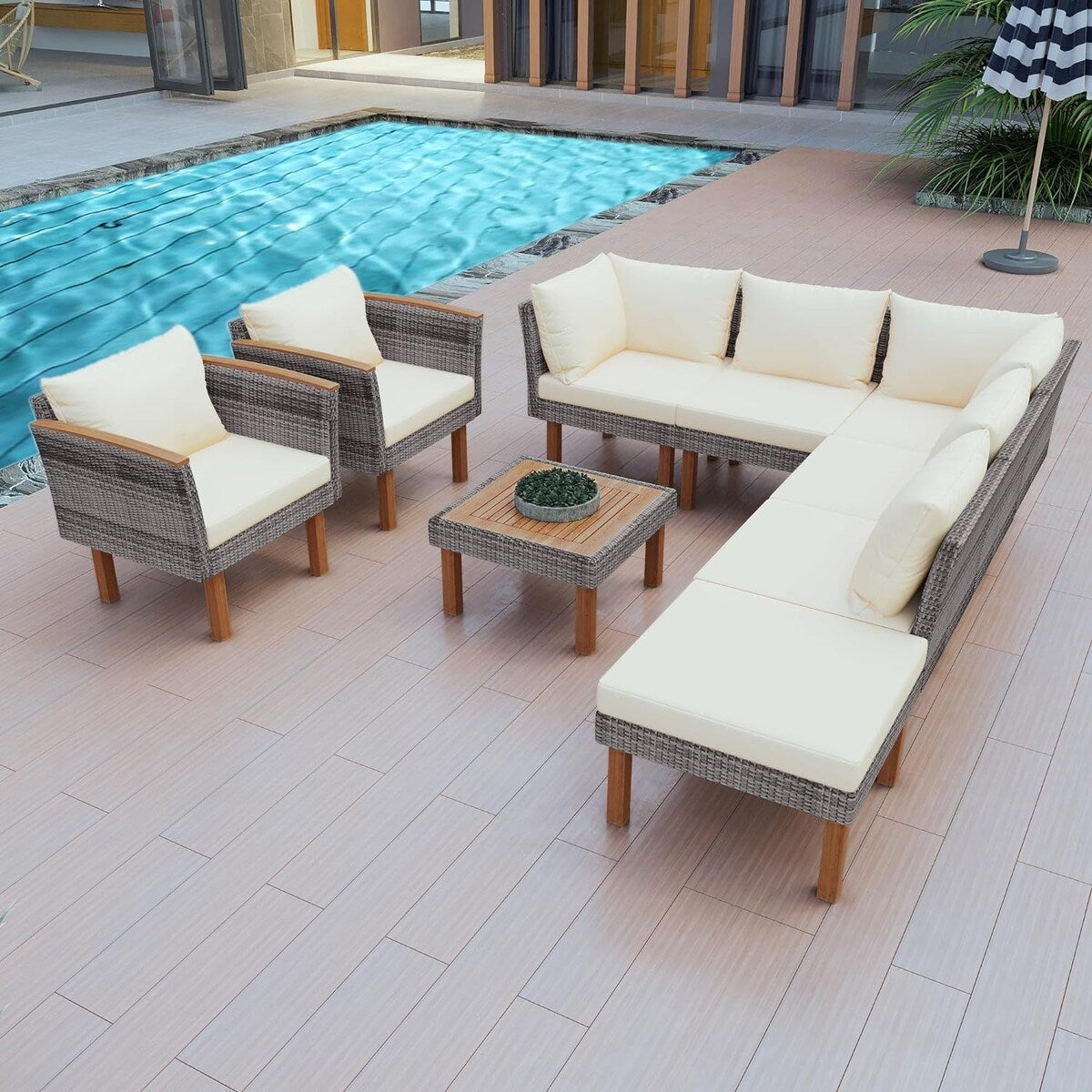 Ensemble de meubles de jardin en rotin Roomfitters 9 pièces, ensemble de conversation d'extérieur avec pieds et plateau en bois d'acacia