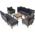 Ensemble de meubles de jardin en rotin Roomfitters 9 pièces, ensemble de conversation d'extérieur avec pieds et plateau en bois d'acacia