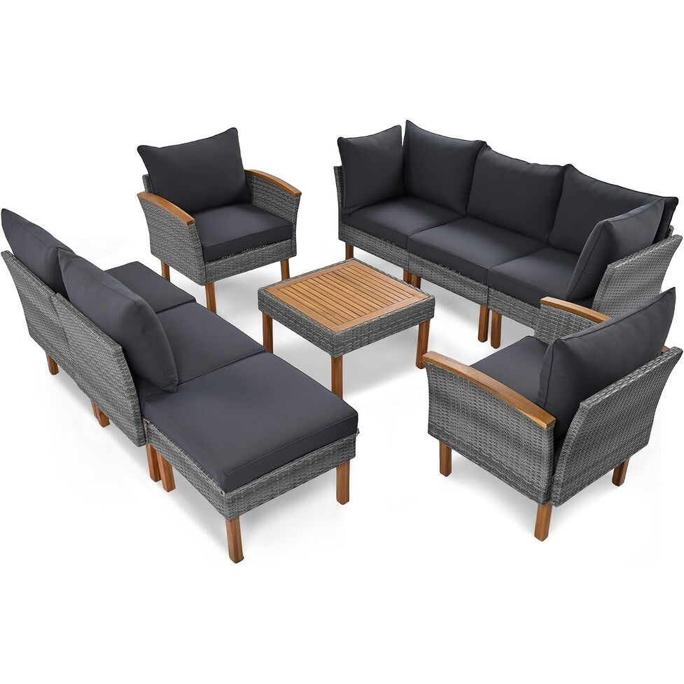 Ensemble de meubles de jardin en rotin Roomfitters 9 pièces, ensemble de conversation d'extérieur avec pieds et plateau en bois d'acacia