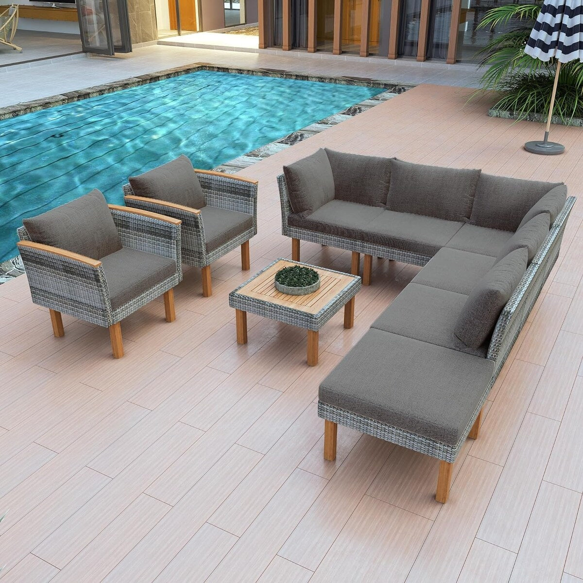 Ensemble de meubles de jardin en rotin Roomfitters 9 pièces, ensemble de conversation d'extérieur avec pieds et plateau en bois d'acacia