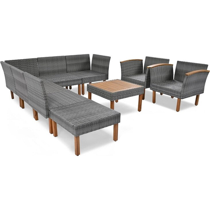 Ensemble de meubles de jardin en rotin Roomfitters 9 pièces, ensemble de conversation d'extérieur avec pieds et plateau en bois d'acacia