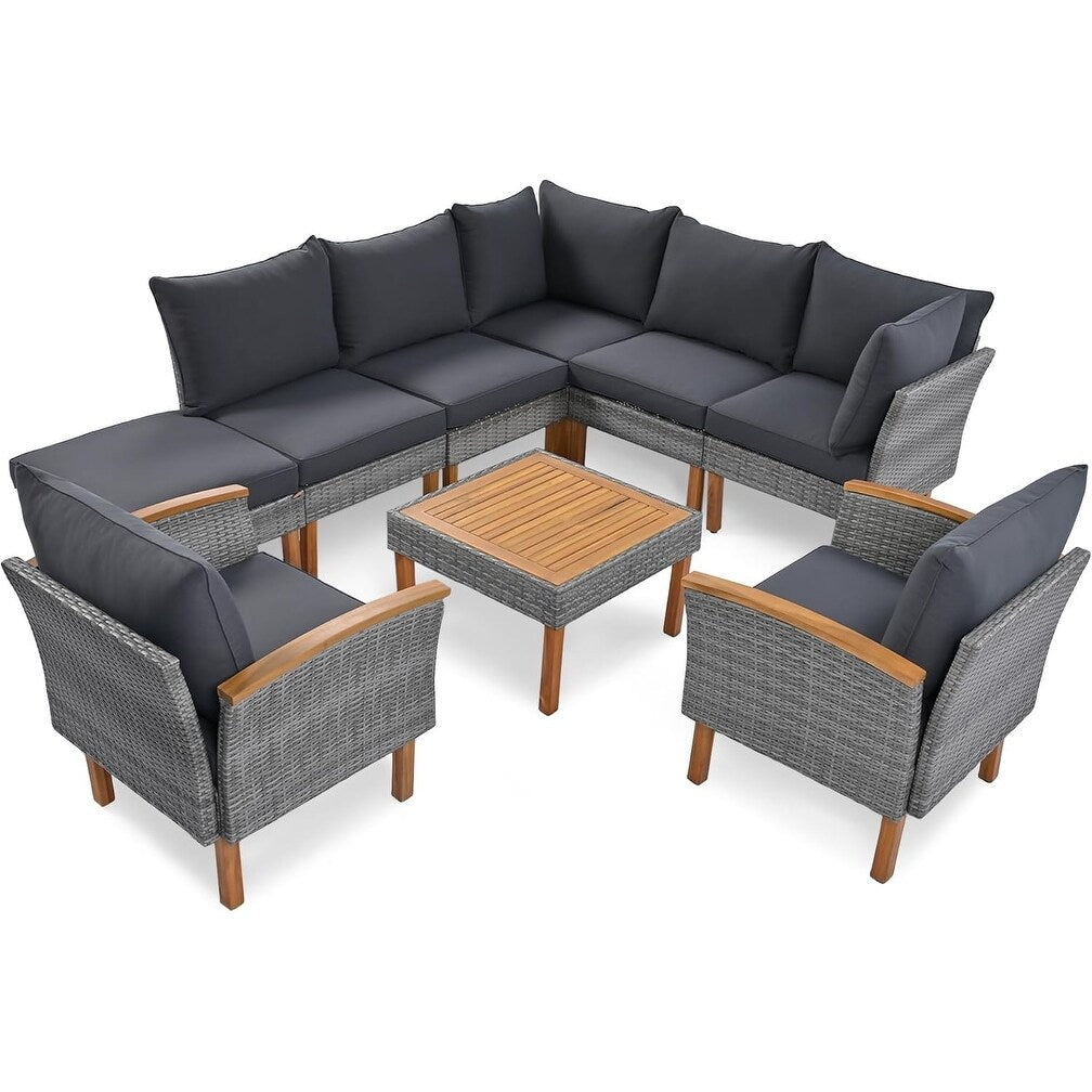 Ensemble de meubles de jardin en rotin Roomfitters 9 pièces, ensemble de conversation d'extérieur avec pieds et plateau en bois d'acacia