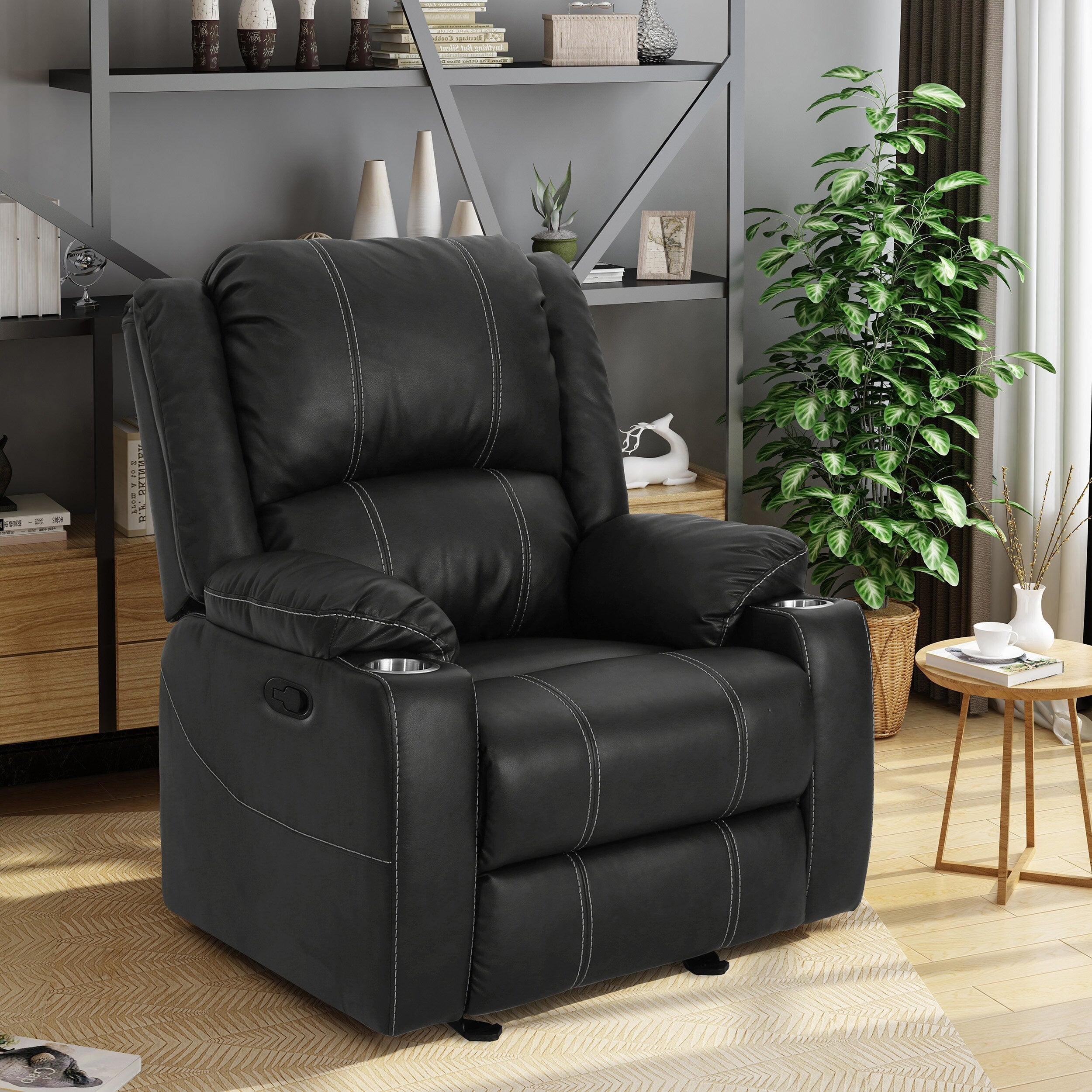 Fauteuil inclinable Roomfitters avec porte-gobelets en acier, confortable pour salon et chambre, noir