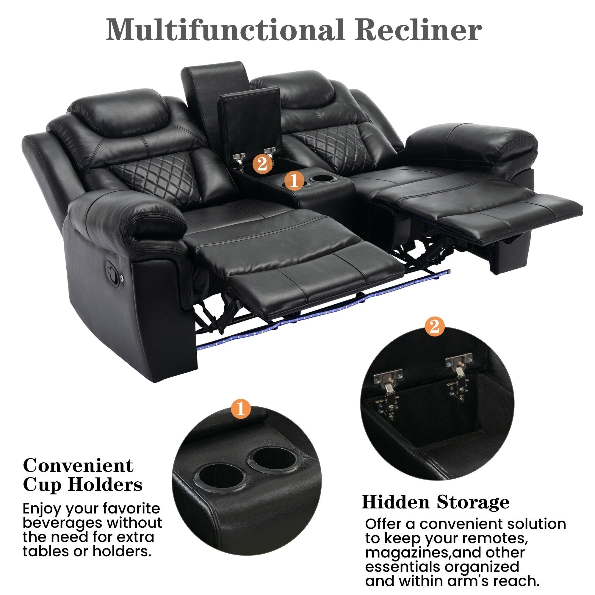Causeuse inclinable manuelle Roomfitters avec rangement escamotable, deux porte-gobelets et design confortable