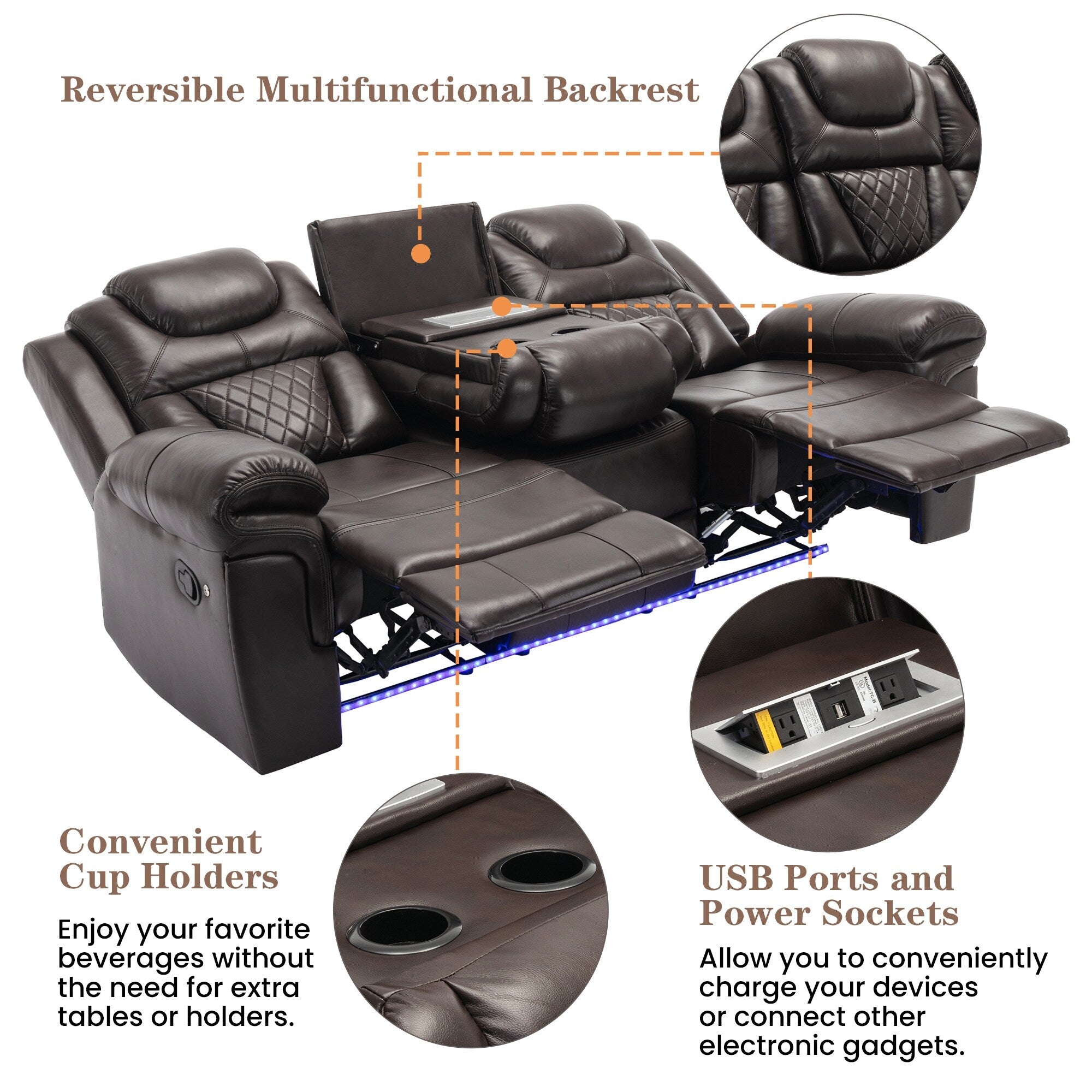 Fauteuil inclinable à bascule manuel Roomfitters avec console centrale, idéal pour le cinéma maison dans le salon