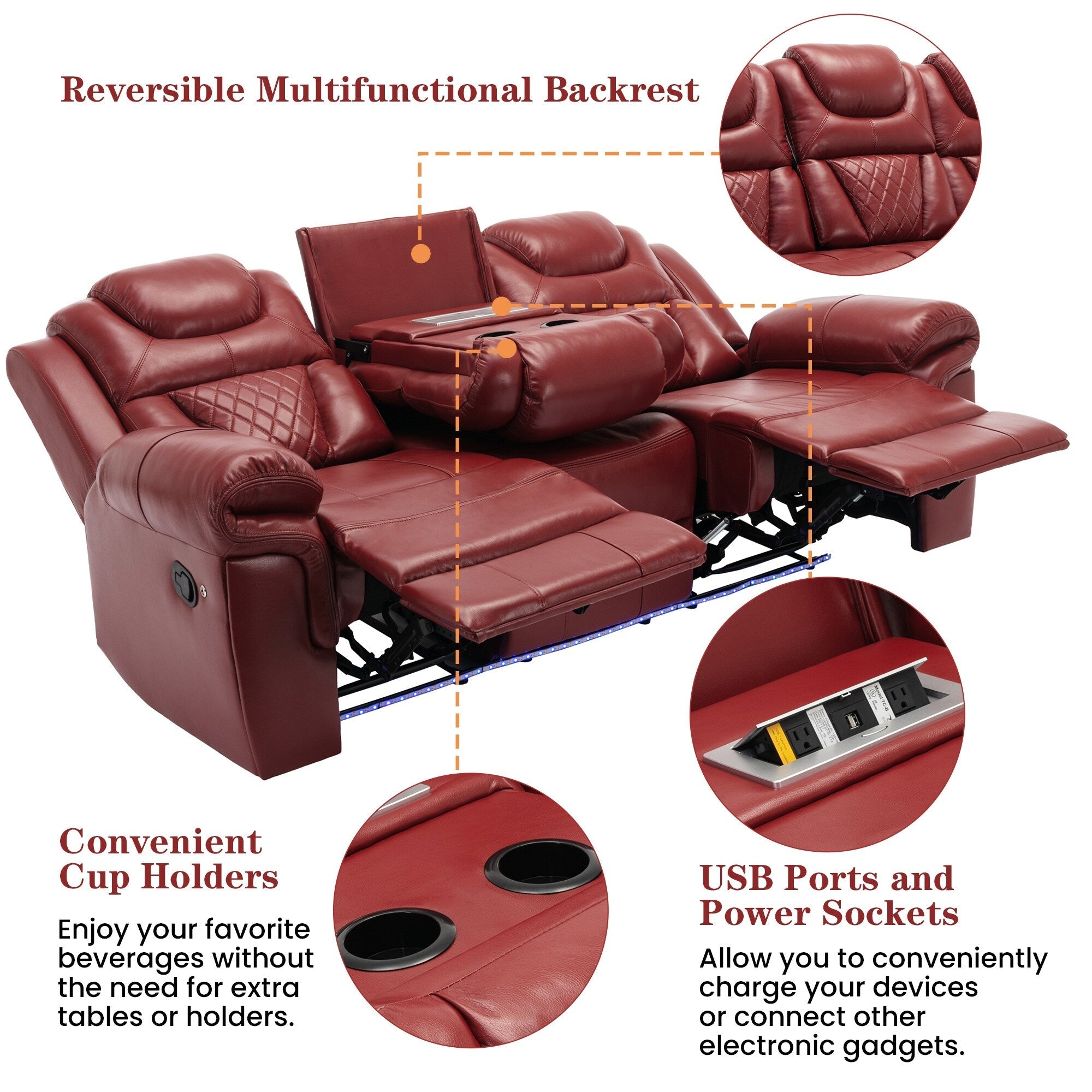 Fauteuil inclinable à bascule manuel Roomfitters avec console centrale, idéal pour le cinéma maison dans le salon