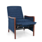 Fauteuil inclinable en tissu moderne du milieu du siècle, avec coutures en bois et dossier relevable, élégant fauteuil inclinable pour le salon.