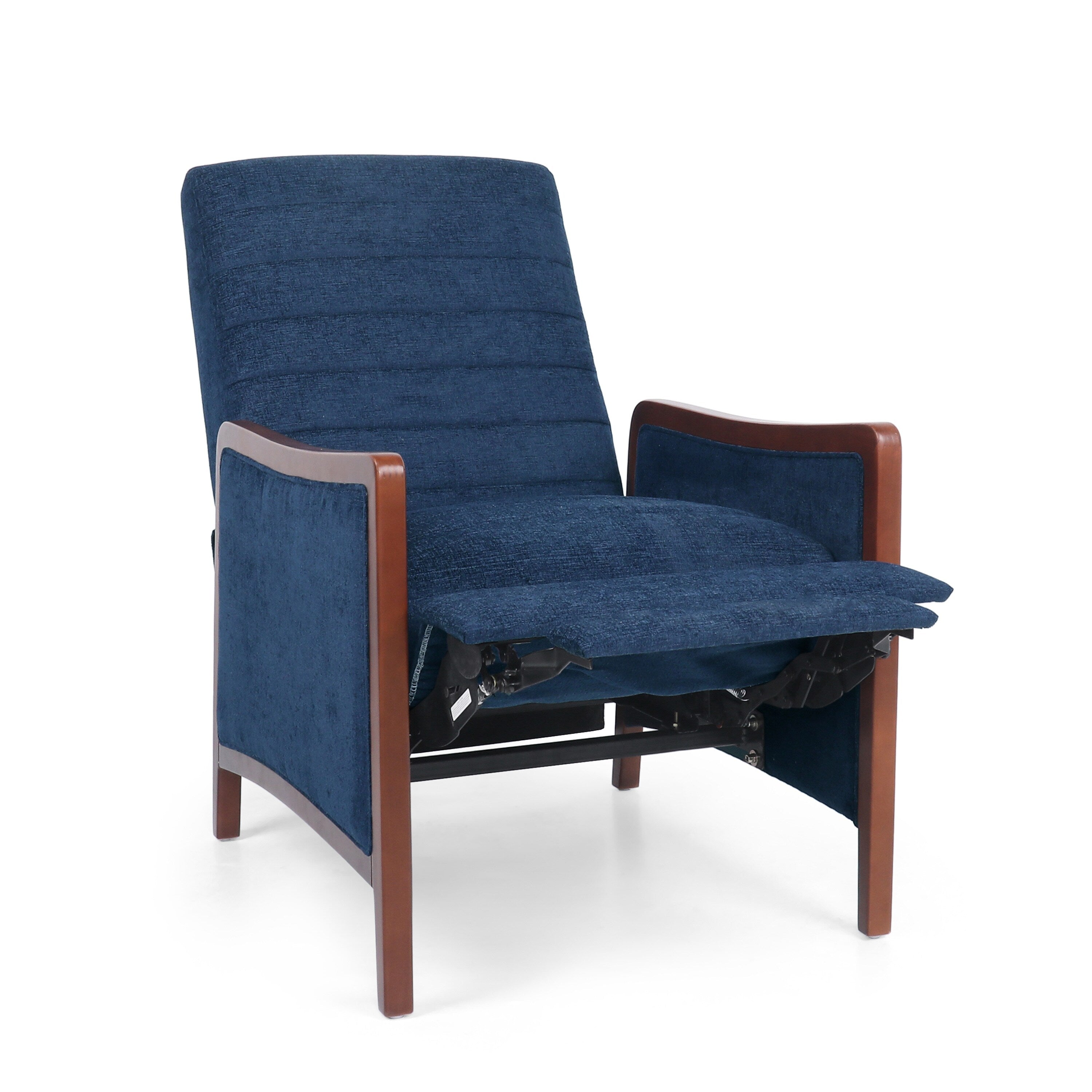 Fauteuil inclinable en tissu moderne du milieu du siècle, avec coutures en bois et dossier relevable, élégant fauteuil inclinable pour le salon.