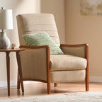 Fauteuil inclinable en tissu moderne du milieu du siècle, avec coutures en bois et dossier relevable, élégant fauteuil inclinable pour le salon.
