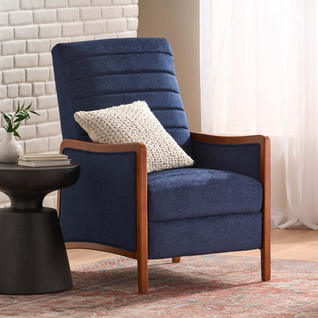 Fauteuil inclinable en tissu moderne du milieu du siècle, avec coutures en bois et dossier relevable, élégant fauteuil inclinable pour le salon.