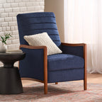 Fauteuil inclinable en tissu moderne du milieu du siècle, avec coutures en bois et dossier relevable, élégant fauteuil inclinable pour le salon.