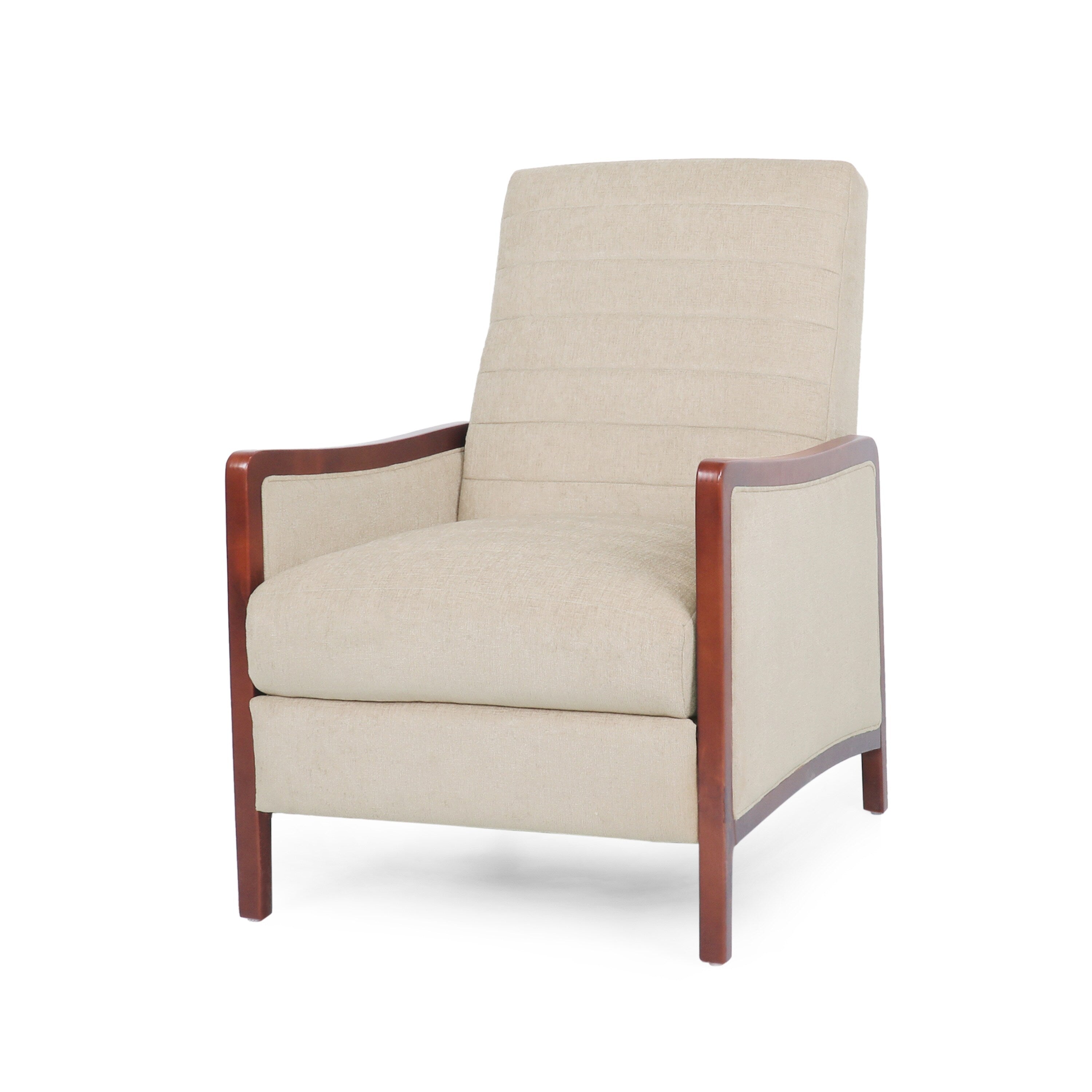 Fauteuil inclinable en tissu moderne du milieu du siècle, avec coutures en bois et dossier relevable, élégant fauteuil inclinable pour le salon.