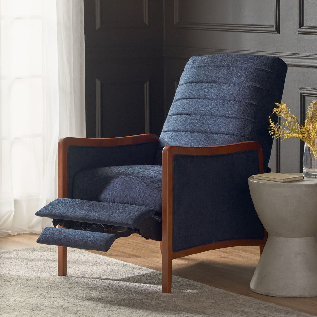 Fauteuil inclinable en tissu moderne du milieu du siècle, avec coutures en bois et dossier relevable, élégant fauteuil inclinable pour le salon.