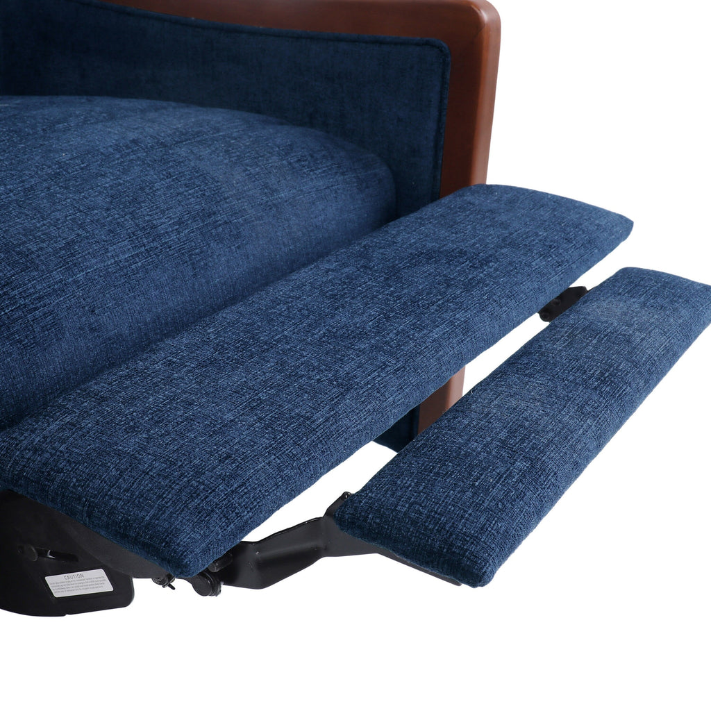 Fauteuil inclinable en tissu moderne du milieu du siècle, avec coutures en bois et dossier relevable, élégant fauteuil inclinable pour le salon.