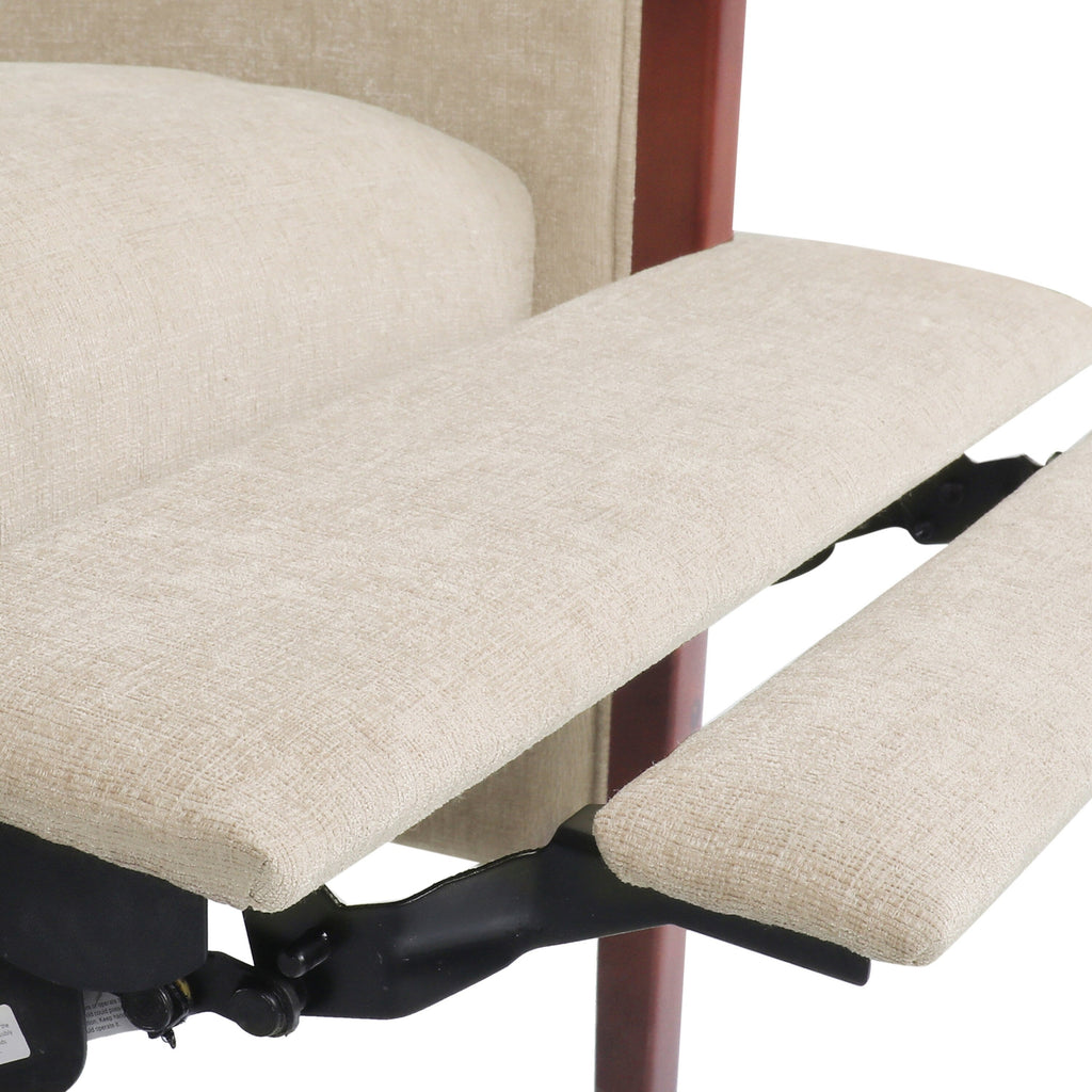 Fauteuil inclinable en tissu moderne du milieu du siècle, avec coutures en bois et dossier relevable, élégant fauteuil inclinable pour le salon.