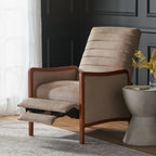 Fauteuil inclinable en tissu moderne du milieu du siècle, avec coutures en bois et dossier relevable, élégant fauteuil inclinable pour le salon.