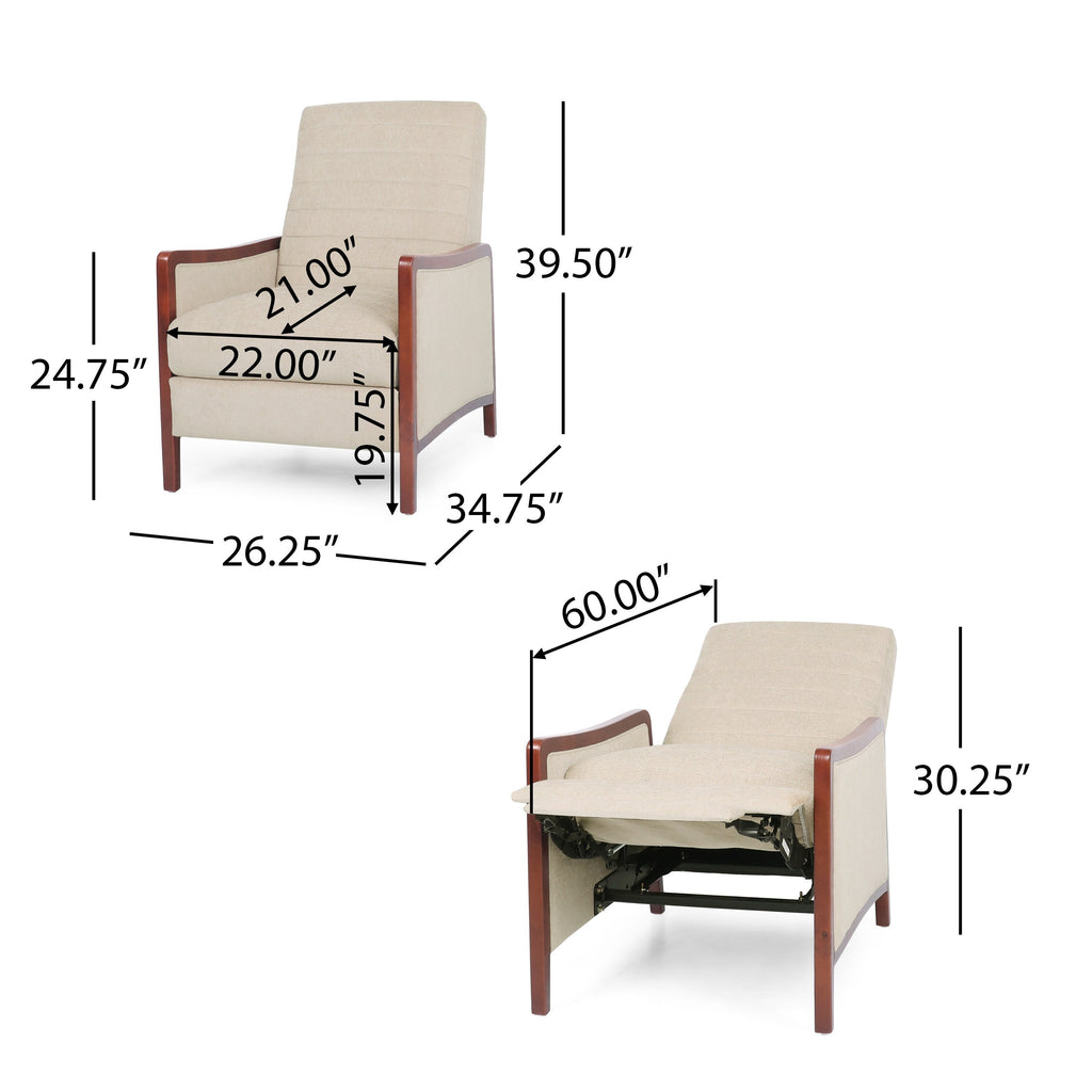 Fauteuil inclinable en tissu moderne du milieu du siècle, avec coutures en bois et dossier relevable, élégant fauteuil inclinable pour le salon.