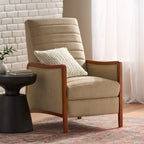 Fauteuil inclinable en tissu moderne du milieu du siècle, avec coutures en bois et dossier relevable, élégant fauteuil inclinable pour le salon.