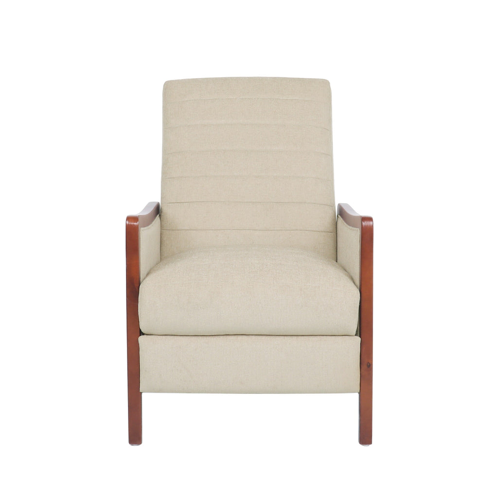 Fauteuil inclinable en tissu moderne du milieu du siècle, avec coutures en bois et dossier relevable, élégant fauteuil inclinable pour le salon.