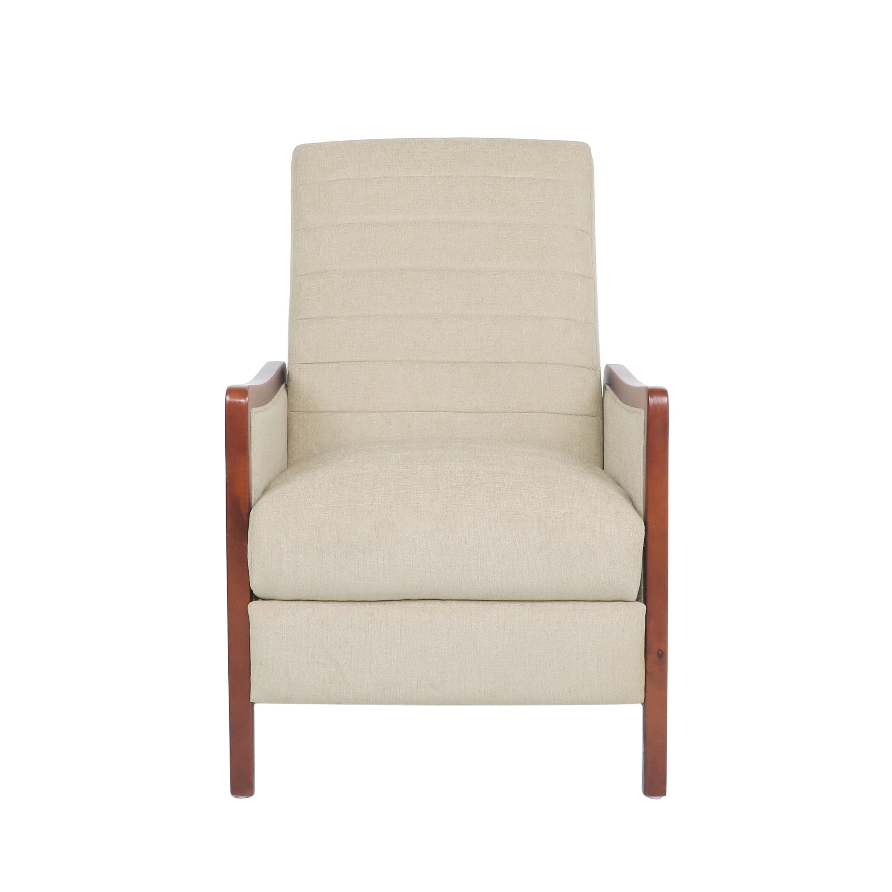 Fauteuil inclinable en tissu moderne du milieu du siècle, avec coutures en bois et dossier relevable, élégant fauteuil inclinable pour le salon.