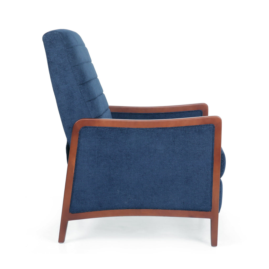Fauteuil inclinable en tissu moderne du milieu du siècle, avec coutures en bois et dossier relevable, élégant fauteuil inclinable pour le salon.
