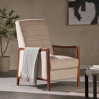 Fauteuil inclinable en tissu moderne du milieu du siècle, avec coutures en bois et dossier relevable, élégant fauteuil inclinable pour le salon.