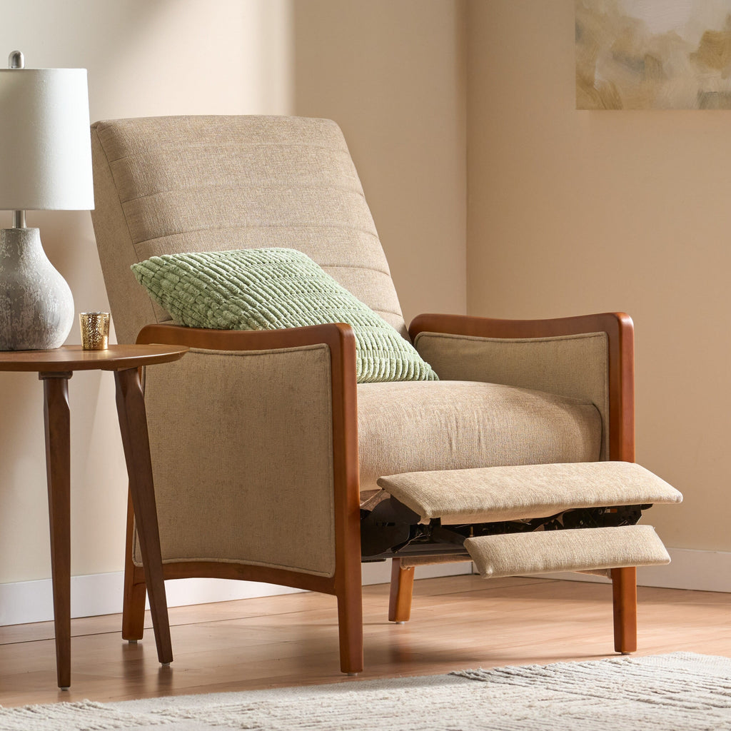 Fauteuil inclinable en tissu moderne du milieu du siècle, avec coutures en bois et dossier relevable, élégant fauteuil inclinable pour le salon.