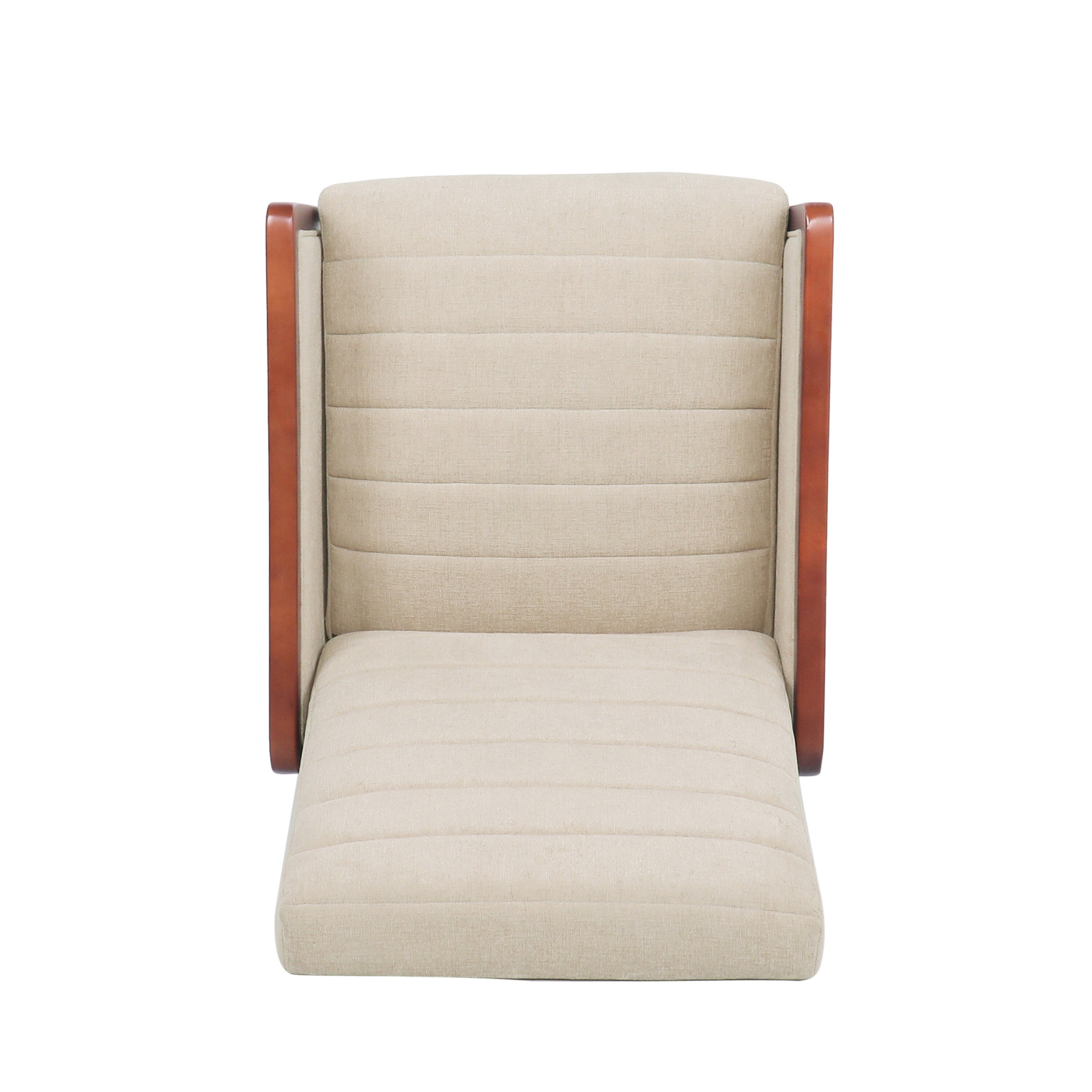 Fauteuil inclinable en tissu moderne du milieu du siècle, avec coutures en bois et dossier relevable, élégant fauteuil inclinable pour le salon.
