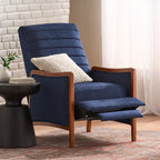Fauteuil inclinable en tissu moderne du milieu du siècle, avec coutures en bois et dossier relevable, élégant fauteuil inclinable pour le salon.
