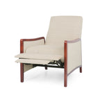 Fauteuil inclinable en tissu moderne du milieu du siècle, avec coutures en bois et dossier relevable, élégant fauteuil inclinable pour le salon.