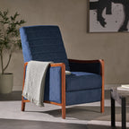 Fauteuil inclinable en tissu moderne du milieu du siècle, avec coutures en bois et dossier relevable, élégant fauteuil inclinable pour le salon.