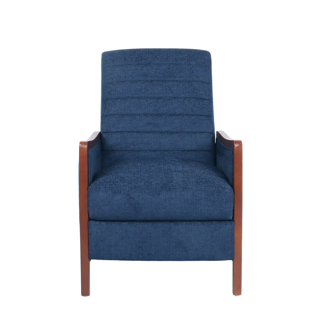 Fauteuil inclinable en tissu moderne du milieu du siècle, avec coutures en bois et dossier relevable, élégant fauteuil inclinable pour le salon.