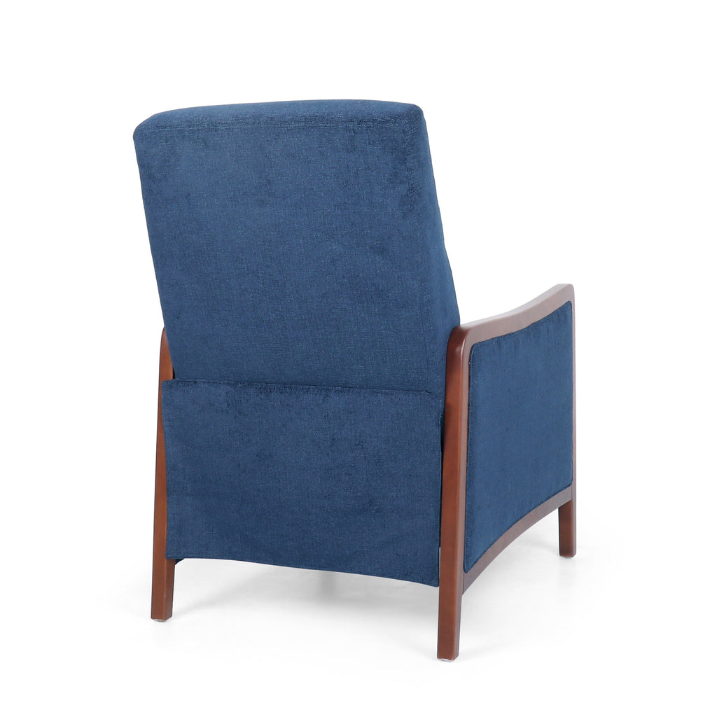 Fauteuil inclinable en tissu moderne du milieu du siècle, avec coutures en bois et dossier relevable, élégant fauteuil inclinable pour le salon.