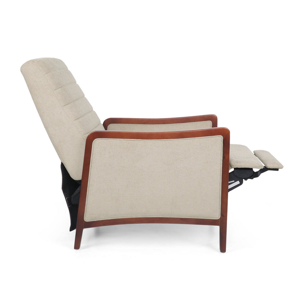 Fauteuil inclinable en tissu moderne du milieu du siècle, avec coutures en bois et dossier relevable, élégant fauteuil inclinable pour le salon.