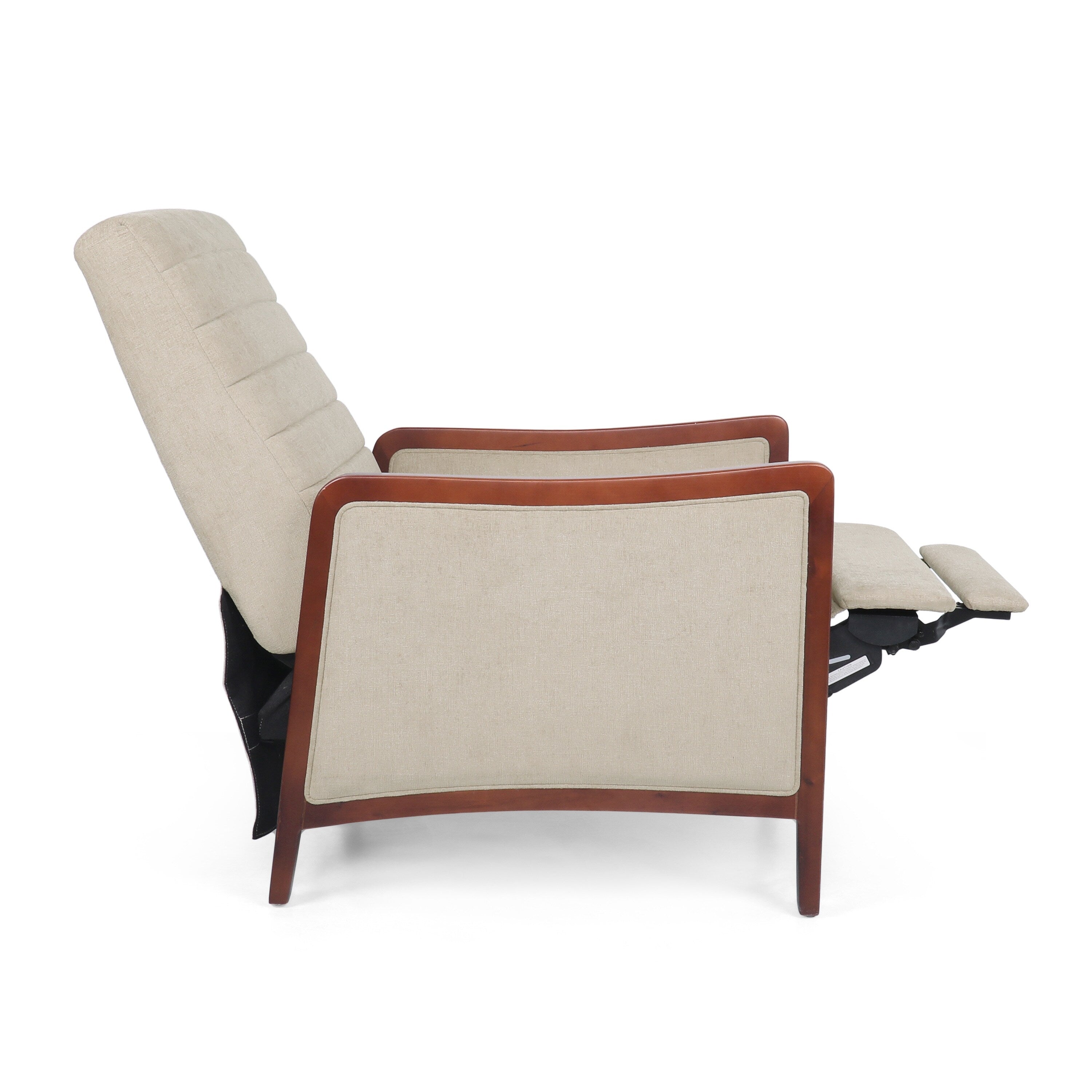Fauteuil inclinable en tissu moderne du milieu du siècle, avec coutures en bois et dossier relevable, élégant fauteuil inclinable pour le salon.
