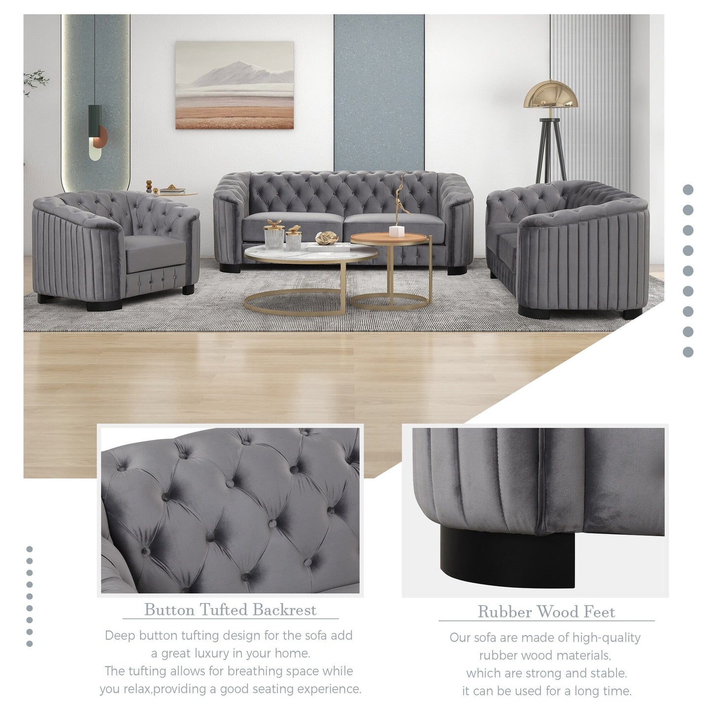 Ensemble de canapés modernes en velours 3 pièces Roomfitters avec pieds en bois d'hévéa comprenant un canapé trois places, une causeuse et une chaise pour le salon