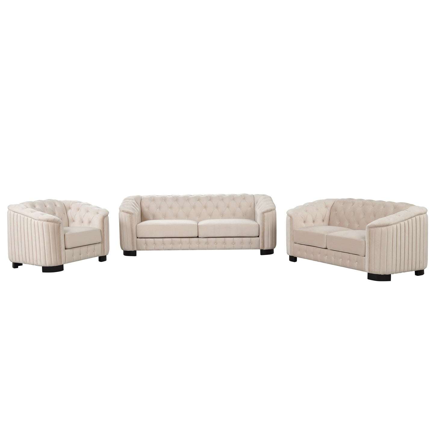 Ensemble de canapés modernes en velours 3 pièces Roomfitters avec pieds en bois d'hévéa comprenant un canapé trois places, une causeuse et une chaise pour le salon