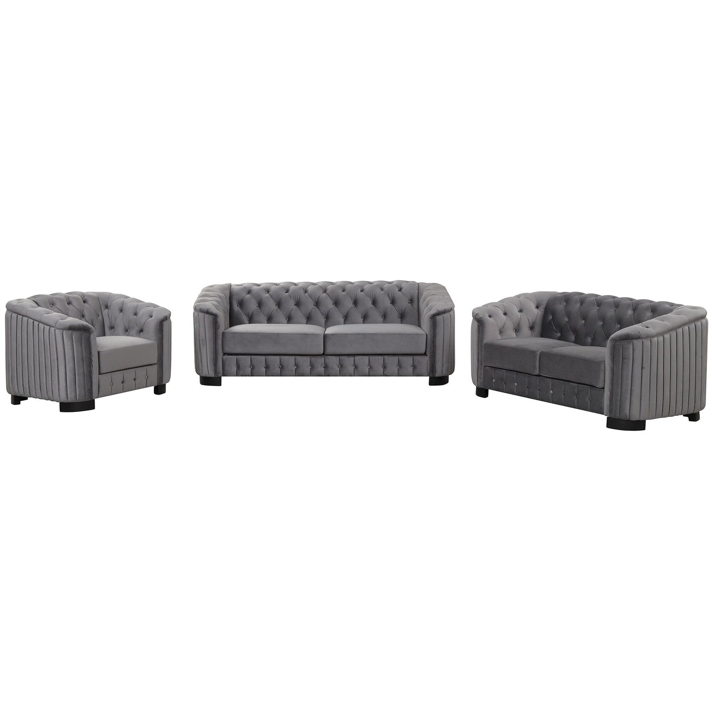 Ensemble de canapés modernes en velours 3 pièces Roomfitters avec pieds en bois d'hévéa comprenant un canapé trois places, une causeuse et une chaise pour le salon