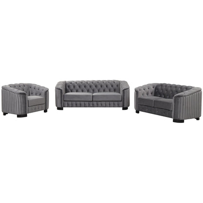 Ensemble de canapés modernes en velours 3 pièces Roomfitters avec pieds en bois d'hévéa comprenant un canapé trois places, une causeuse et une chaise pour le salon