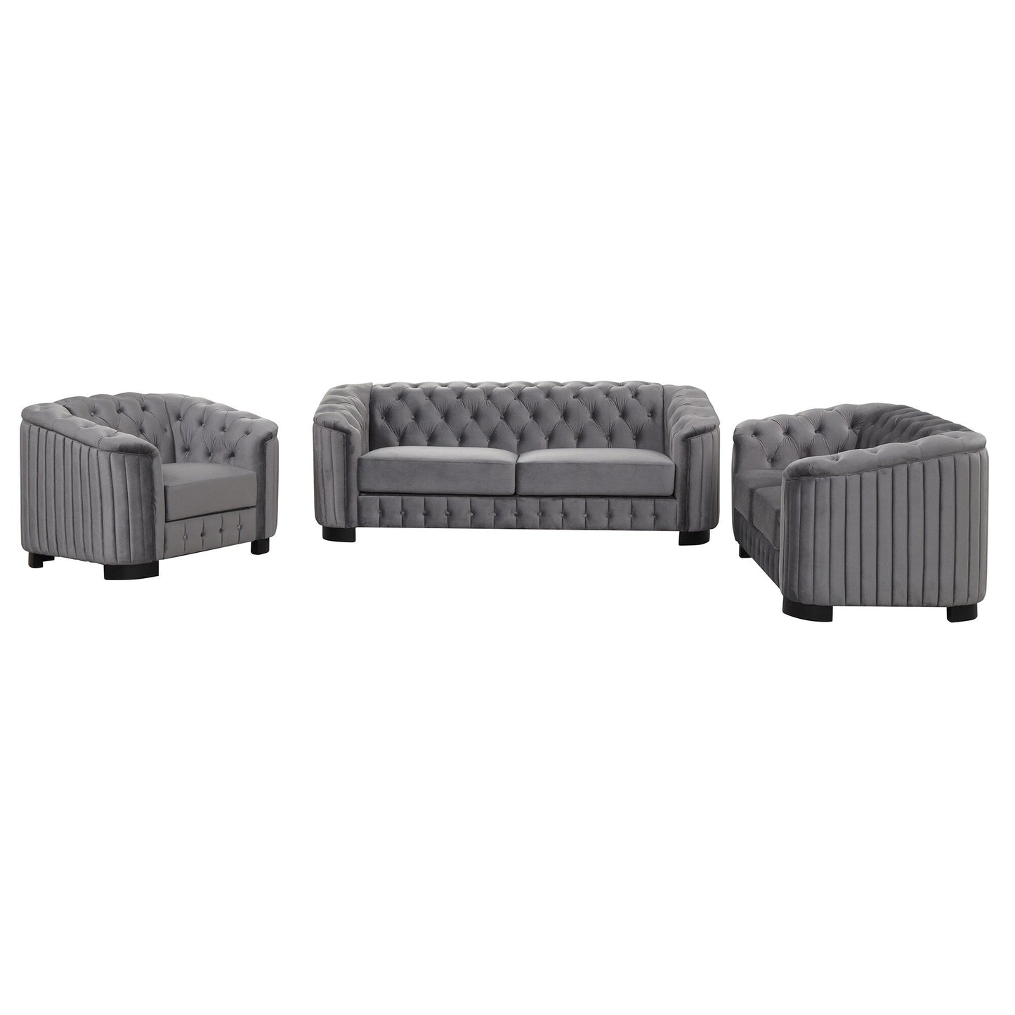 Ensemble de canapés modernes en velours 3 pièces Roomfitters avec pieds en bois d'hévéa comprenant un canapé trois places, une causeuse et une chaise pour le salon