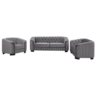 Ensemble de canapés modernes en velours 3 pièces Roomfitters avec pieds en bois d'hévéa comprenant un canapé trois places, une causeuse et une chaise pour le salon