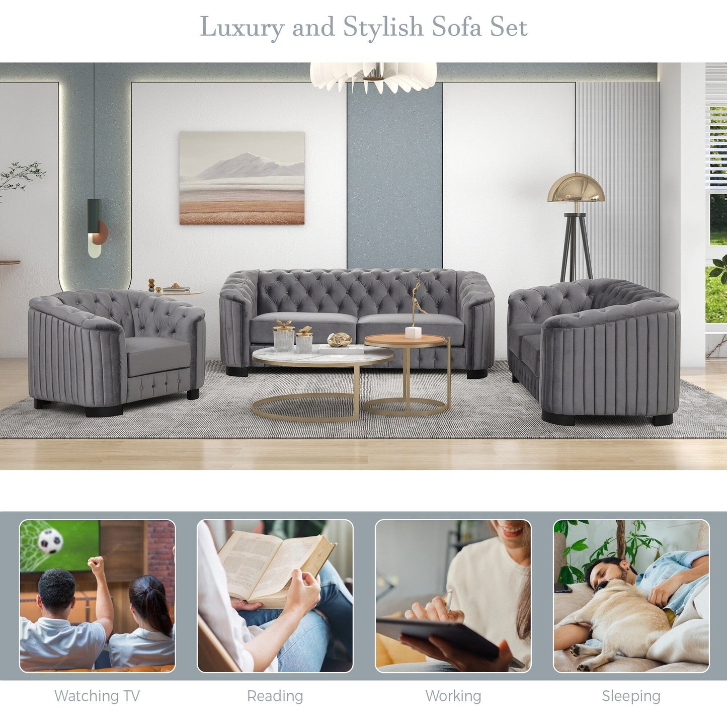 Ensemble de canapés modernes en velours 3 pièces Roomfitters avec pieds en bois d'hévéa comprenant un canapé trois places, une causeuse et une chaise pour le salon